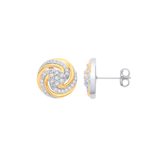 Silver & Yellow Gold Cubic Zirconia Plated Swirl Stud