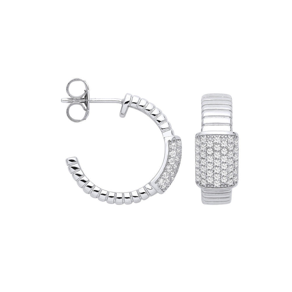 Silver Ribbed Link with Cubic Zirconia ID Plate Earrings
