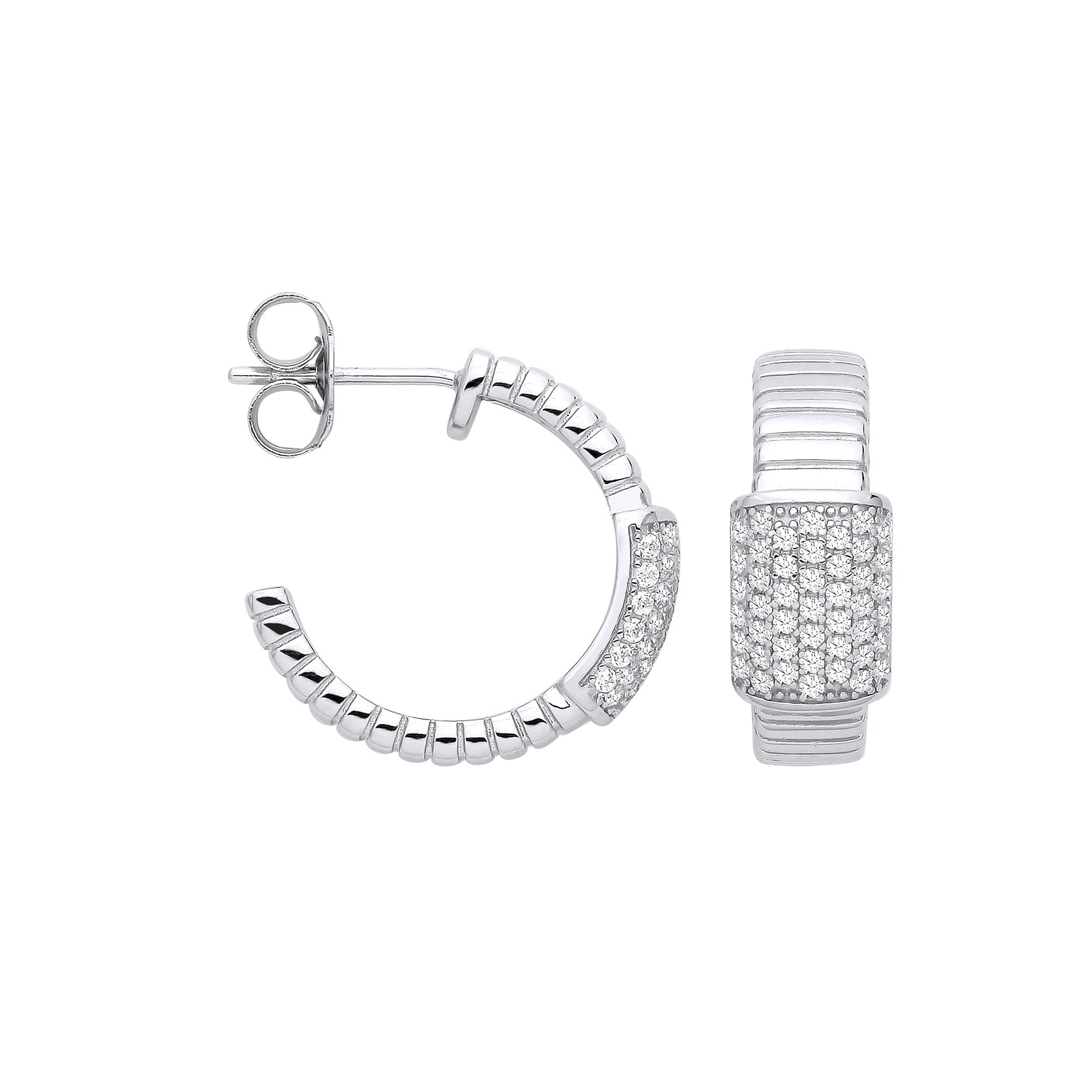 Silver Ribbed Link with Cubic Zirconia ID Plate Earrings