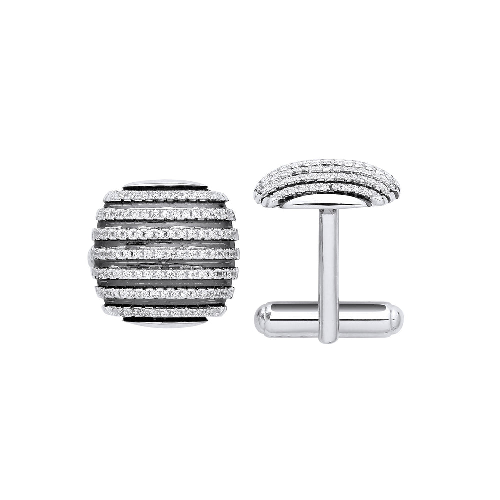 Silver & Black Stripes, Cubic Zirconia Domed Cufflinks