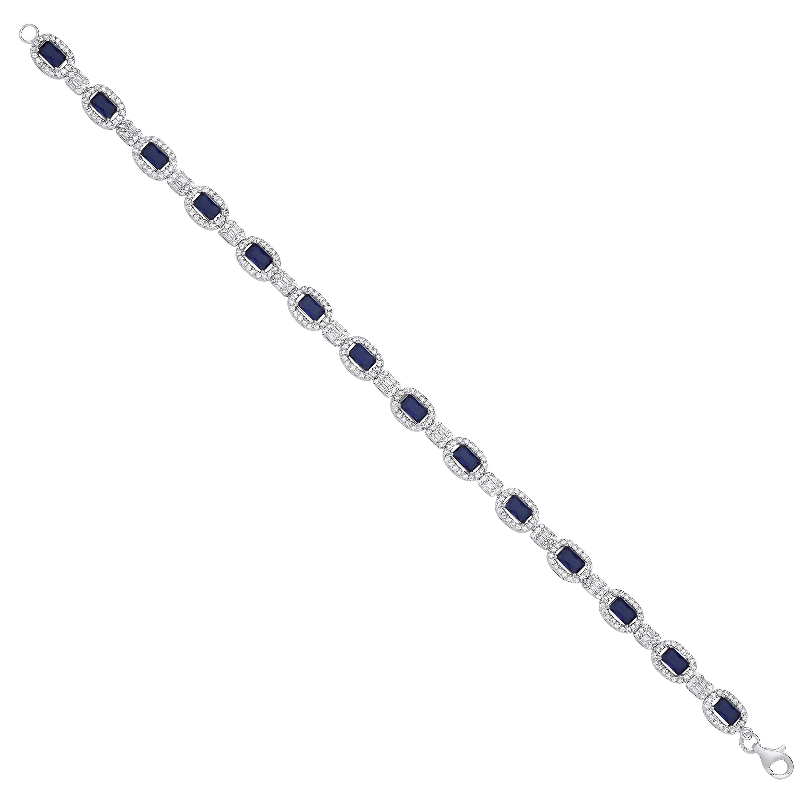 Silver Clear Cubic Zirconia & Blue Sapphire Glass Halo Style Ladies Bracelet