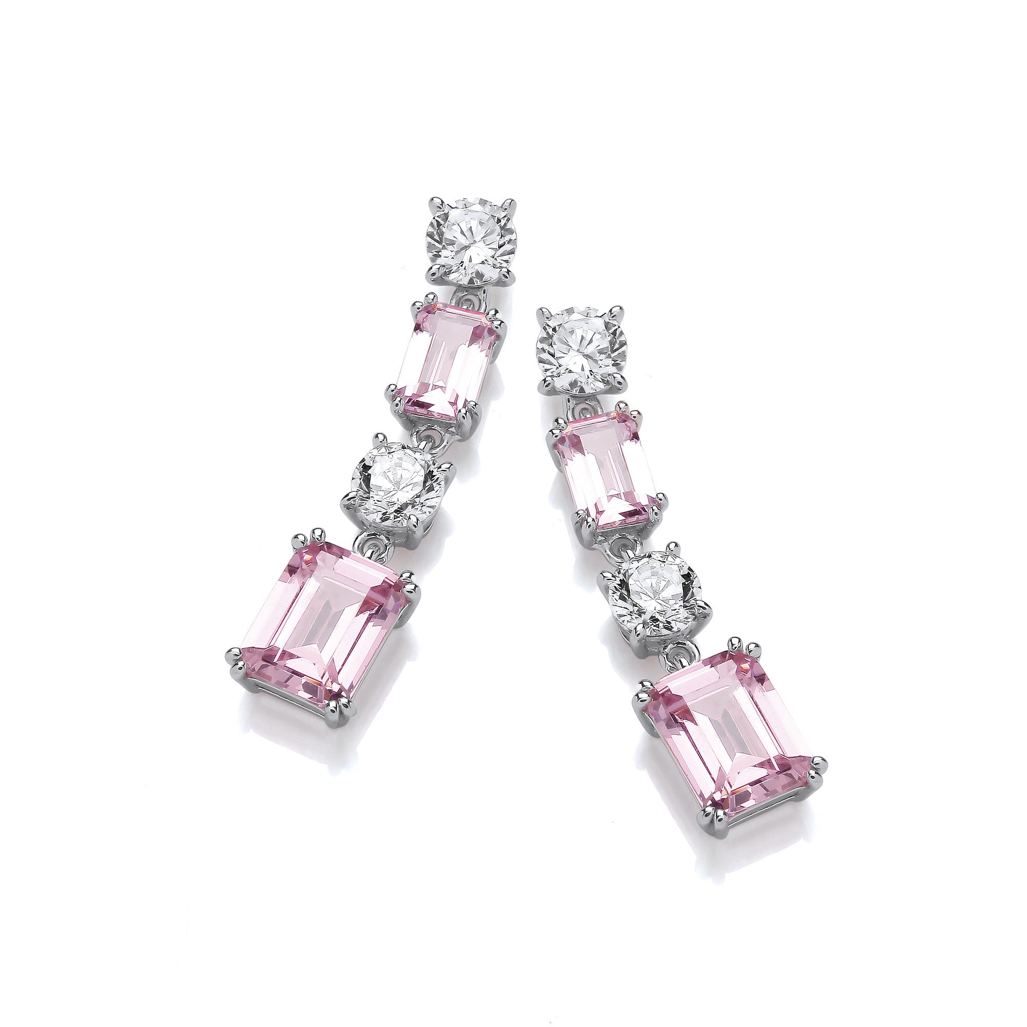 Pink & Clear Cubic Zirconias Silver Drop Earrings