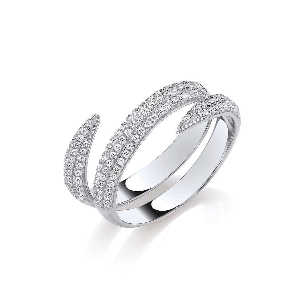 Cross-Over Two Bands Cubic Zirconias Silver Ring