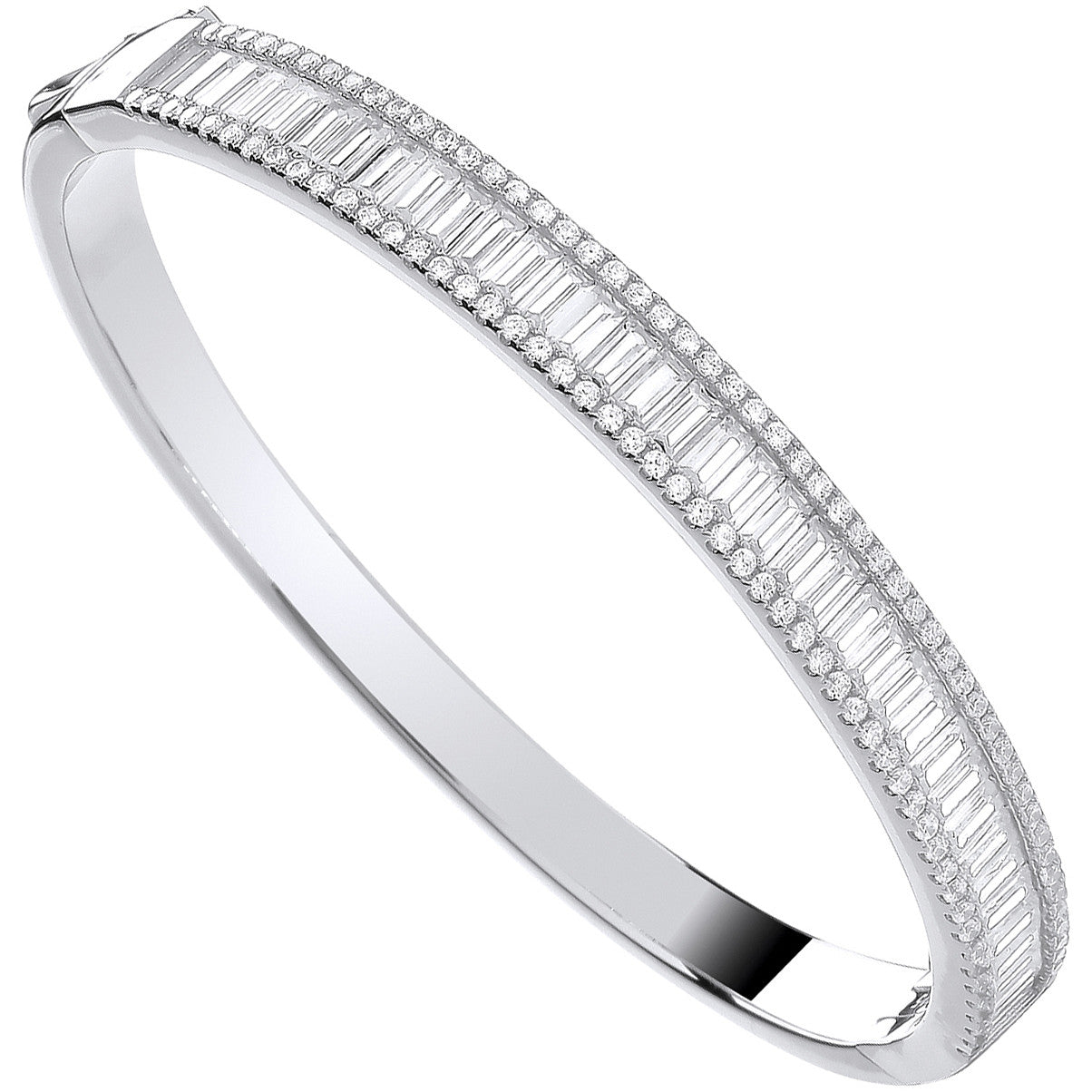 Silver Hinged Baguette & Round Cubic Zirconias Bangle