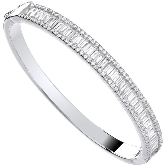 Silver Hinged Baguette & Round Cubic Zirconias Bangle