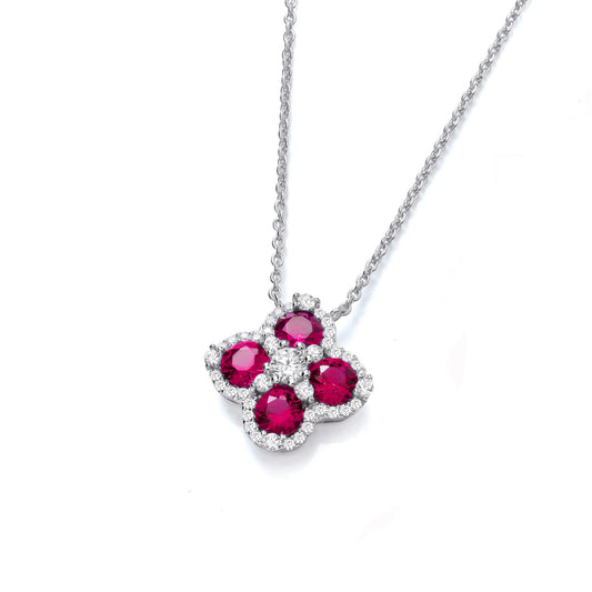 Red Four Leaf Clover Cubic Zirconia Silver Necklace