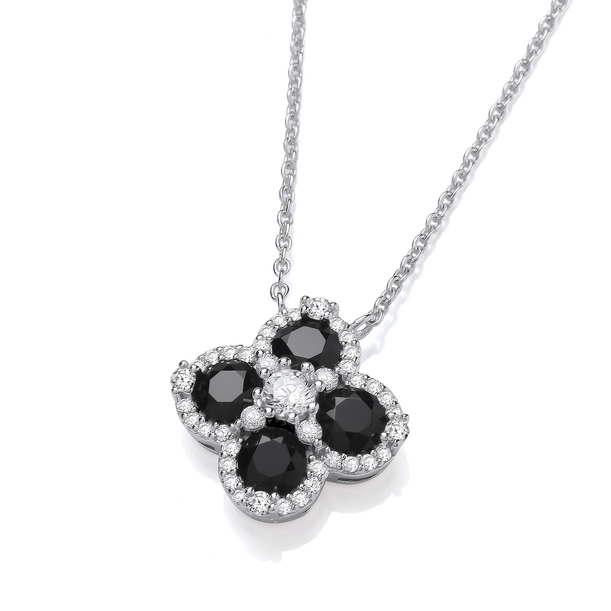 Black Four Leaf Clover Cubic Zirconia Silver Necklace