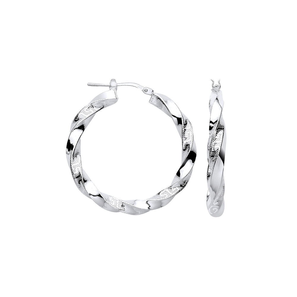 Silver Greek Key Twist Hoop 32mm Earrings