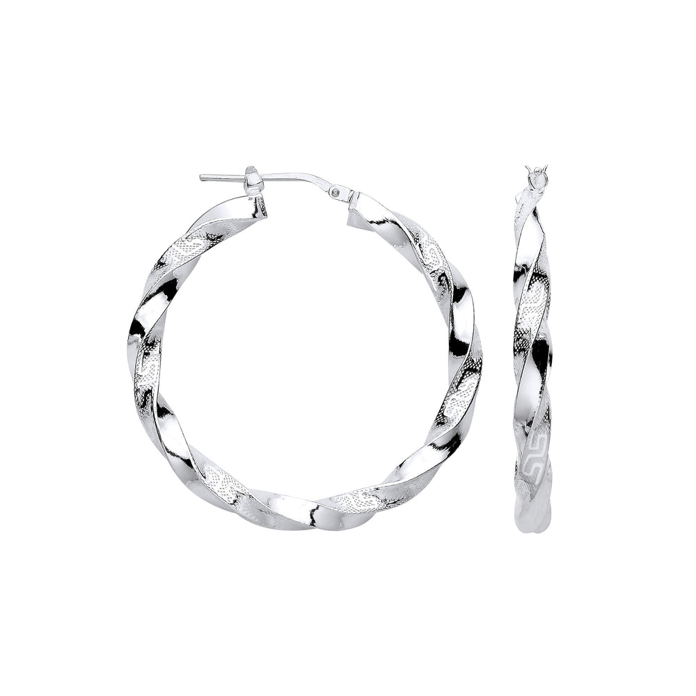 Silver Greek Key Twist Hoop 37mm Earrings – product view