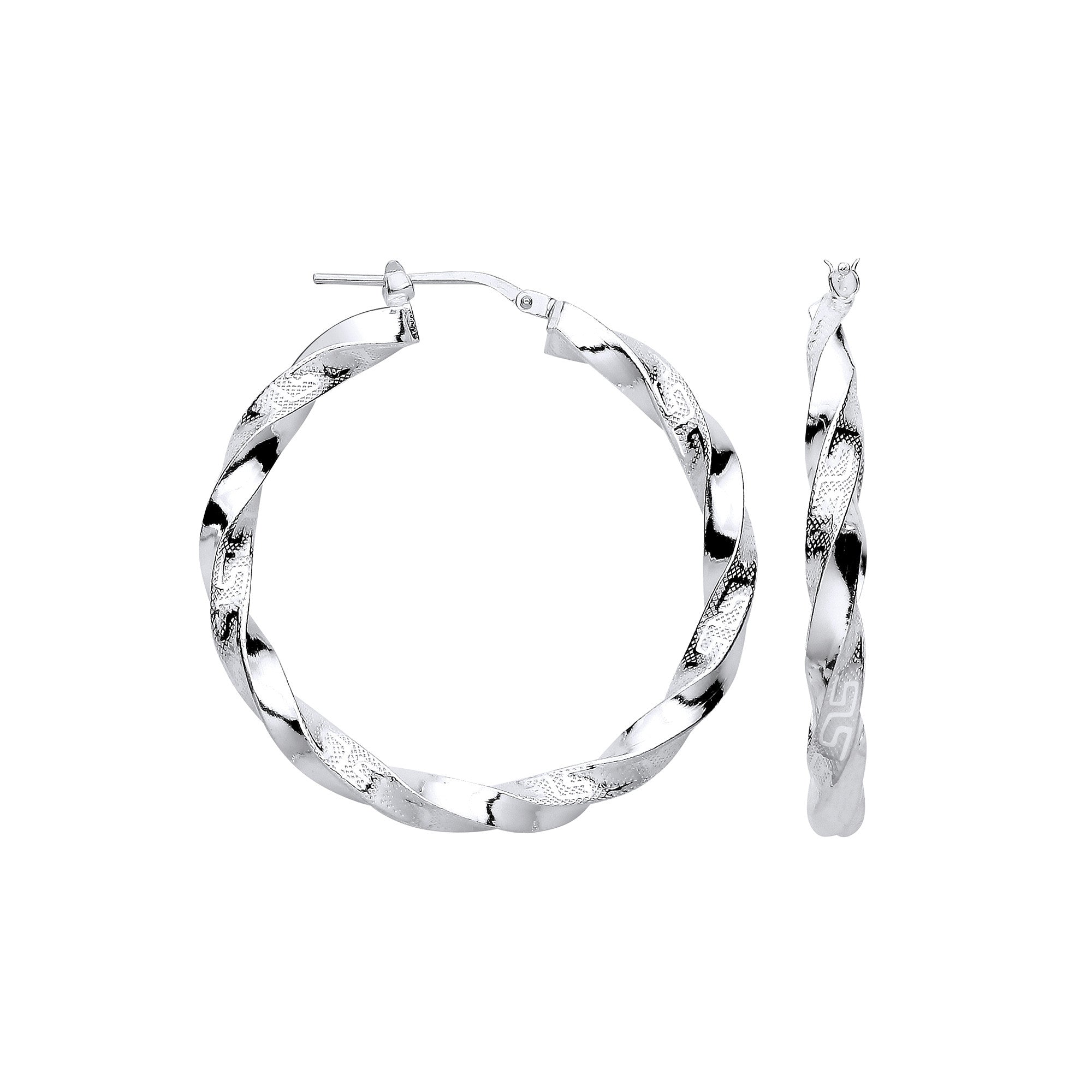 Silver Greek Key Twist Hoop 37mm Earrings