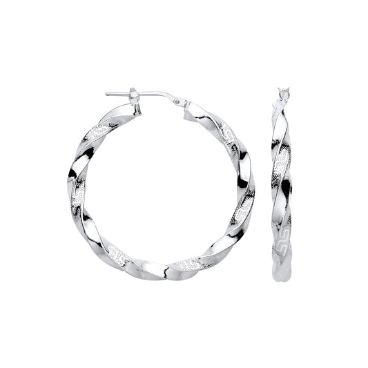 Silver Greek Key Twist Hoop 37mm Earrings