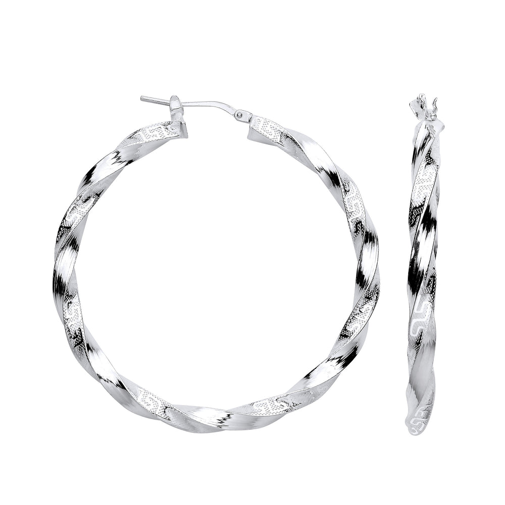 Silver Greek Key Twist Hoop 48mm Earrings