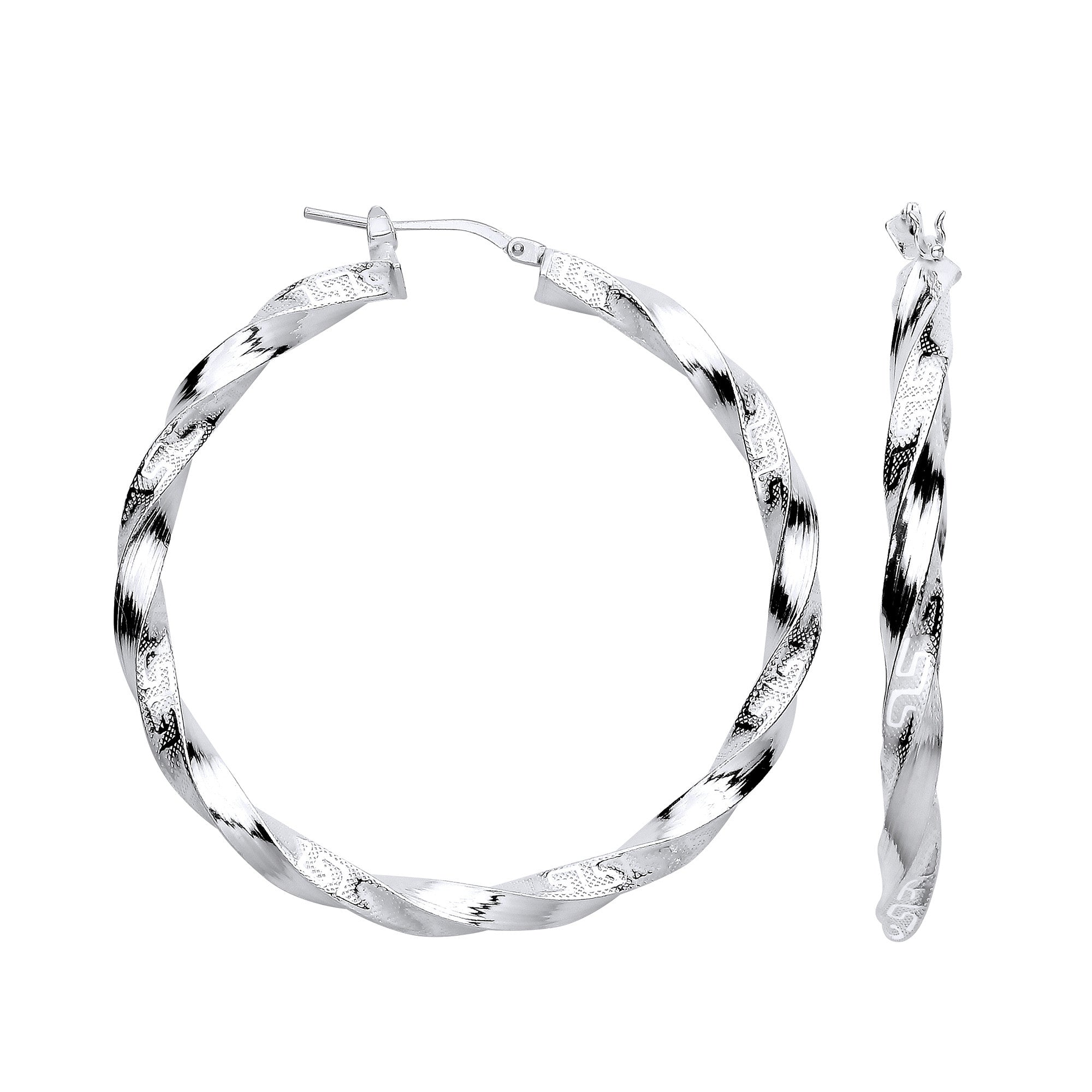 Silver Greek Key Twist Hoop 48mm Earrings