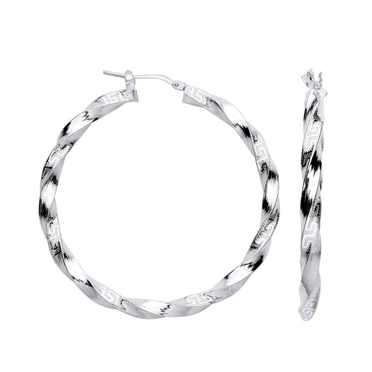 Silver Greek Key Twist Hoop 48mm Earrings
