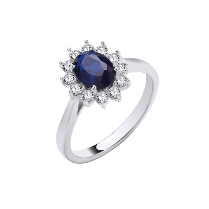 Silver Blue Oval Cubic Zirconia Halo Ring