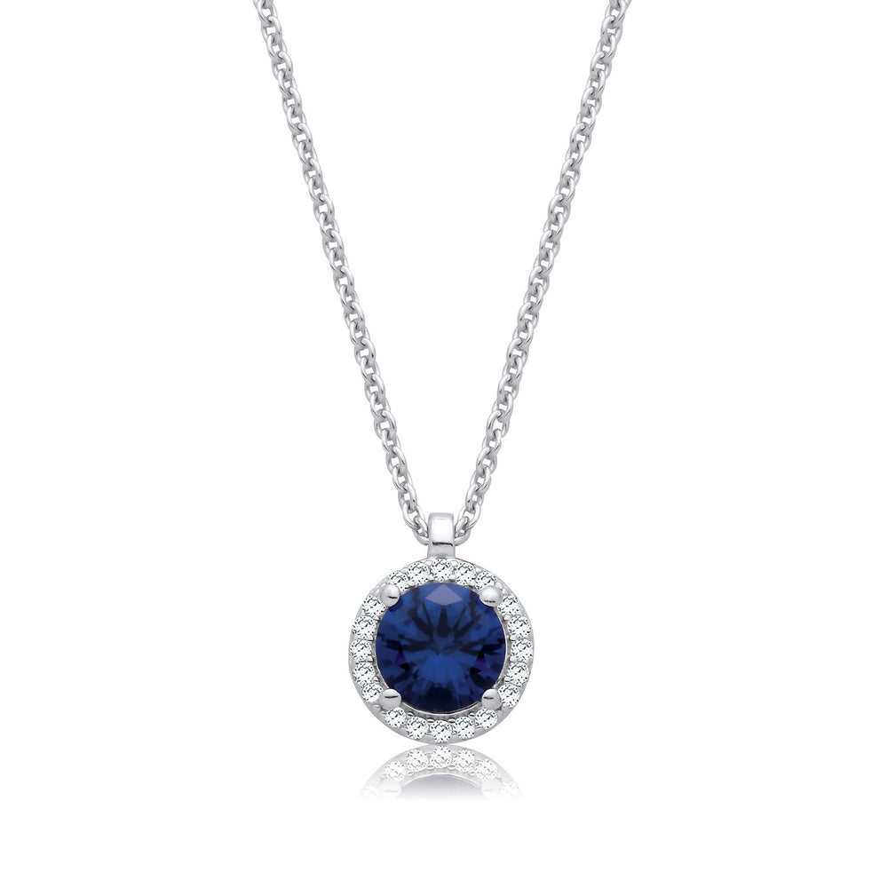 Sapphire Blue and Clear Cubic Zirconias Halo Pendant with Chain