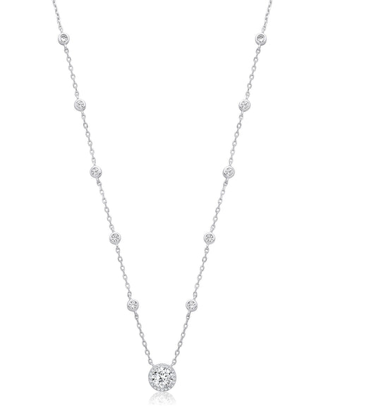 Silver 10 Rubover Cubic Zirconias with Halo Cubic Zirconia Pendant Necklace