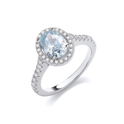 Oval Aquamarine Cubic Zirconia Halo Ladies Silver Ring