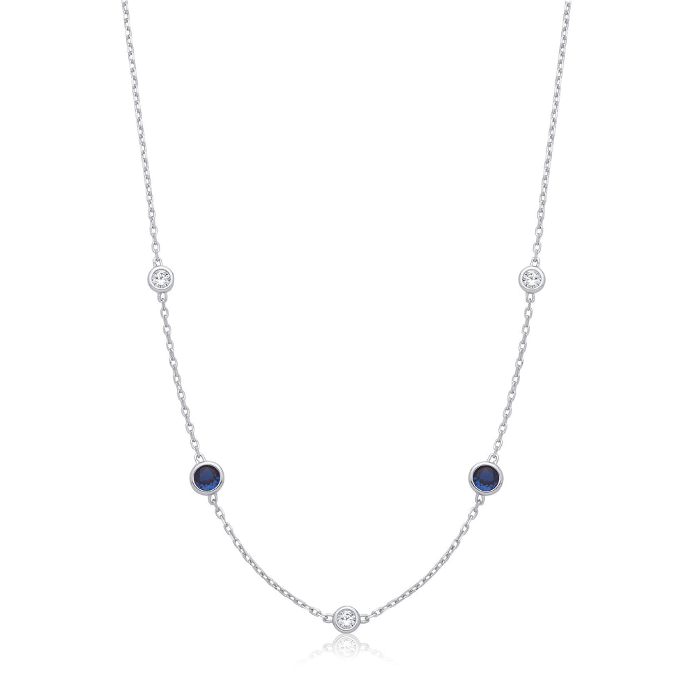 Silver Rh.Plated Rubover 5 Blue & Clear Cubic Zirconia's Necklace