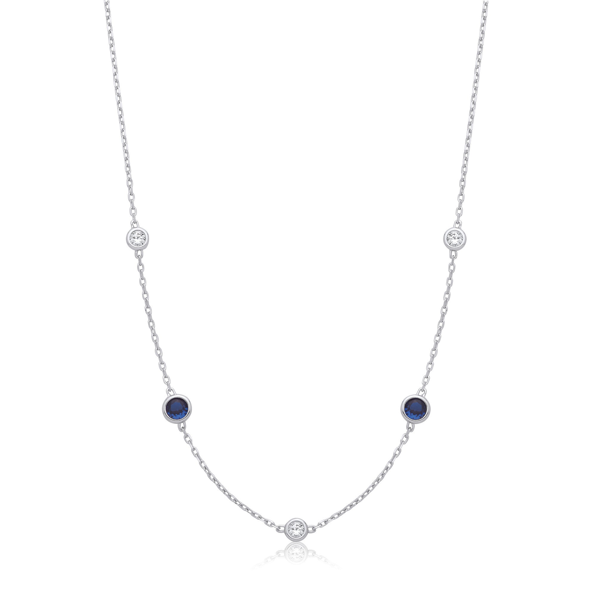 Silver Rh.Plated Rubover 5 Blue & Clear Cubic Zirconia's Necklace