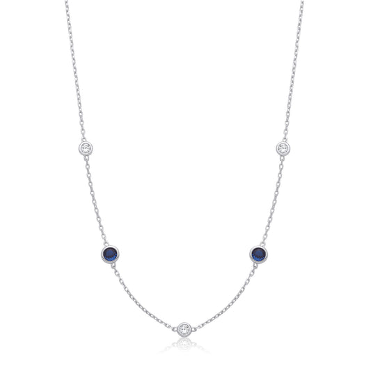 Silver Rh.Plated Rubover 5 Blue & Clear Cubic Zirconia's Necklace