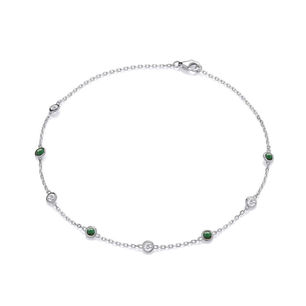 Silver Rubover Green & Clear Cubic Zirconia's Ladies Anklet