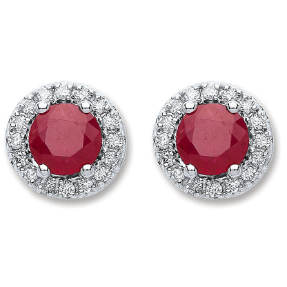 9ct White Gold 0.15ct Dia, 0.90ct Round Ruby Stud Earrings