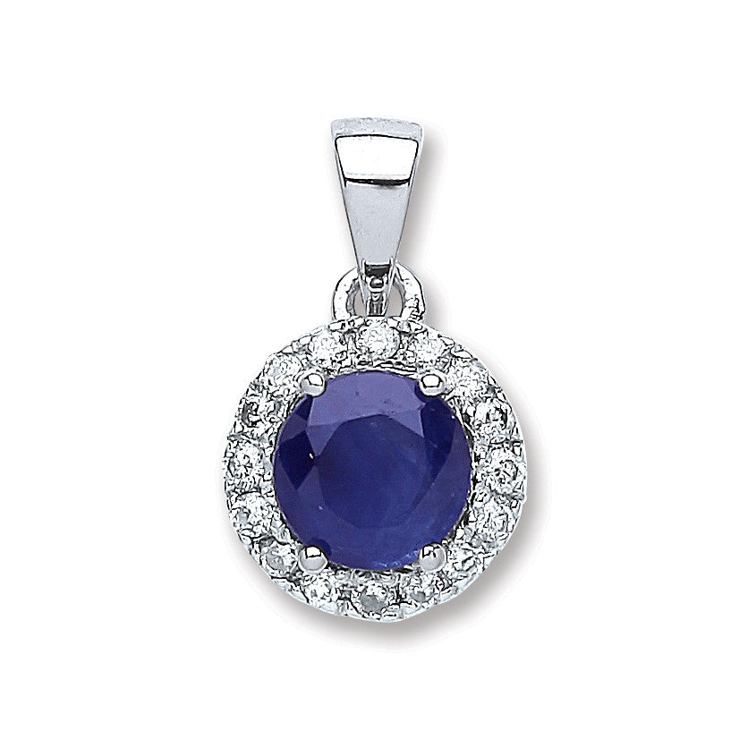 9ct White Gold 0.15ct Diamond, 0.70ct Round Sapphire Pendant