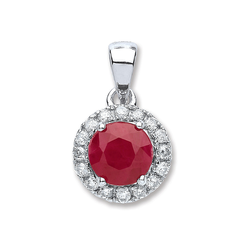 9ct White Gold 0.15ct Diamond, 0.80ct Round Ruby Pendant