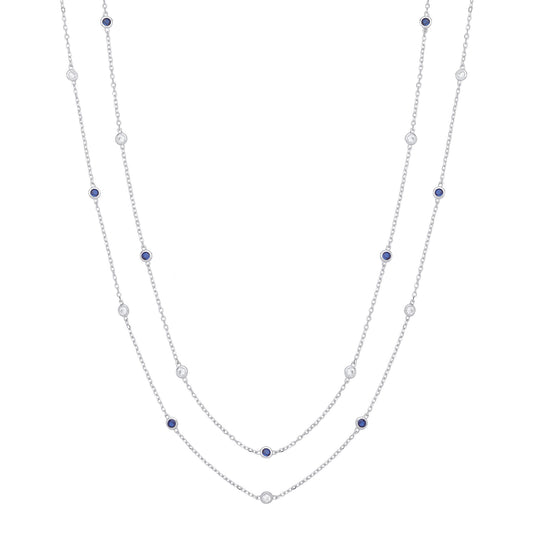 38" Silver Rubover Blue & Clear Cubic Zirconia's Necklace