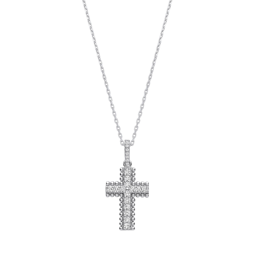Silver Beaded Cubic Zirconia Cross Pendant with Chain