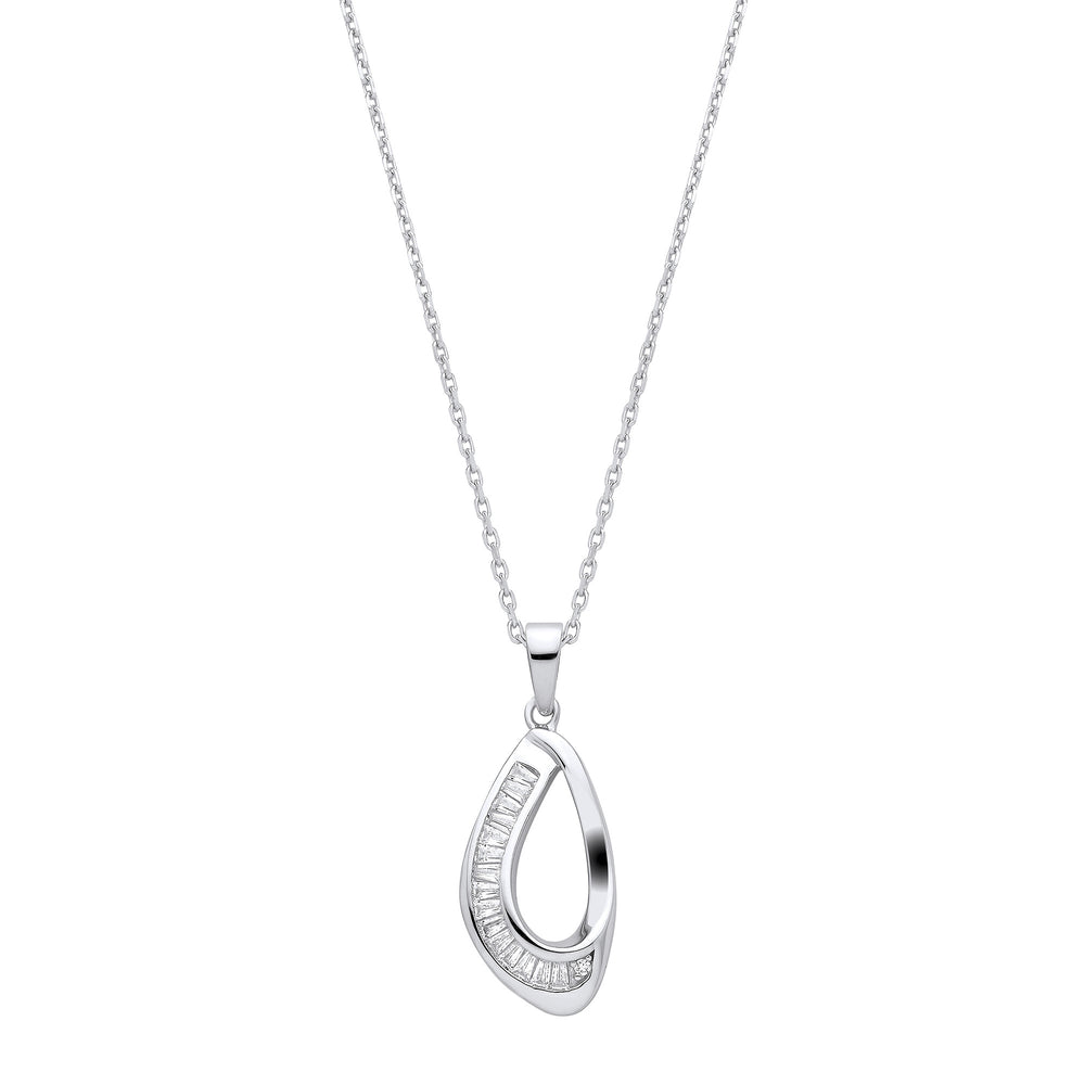 Silver Baguette Cubic Zirconias Open Teardrop Pendant with Chain – product view