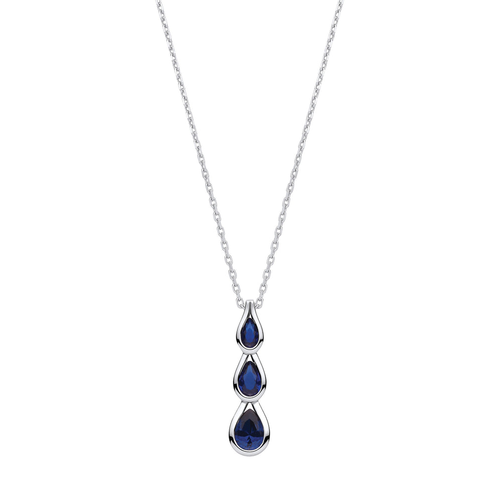 Blue Pear Shaped Cubic Zirconias Silver Pendant with Chain