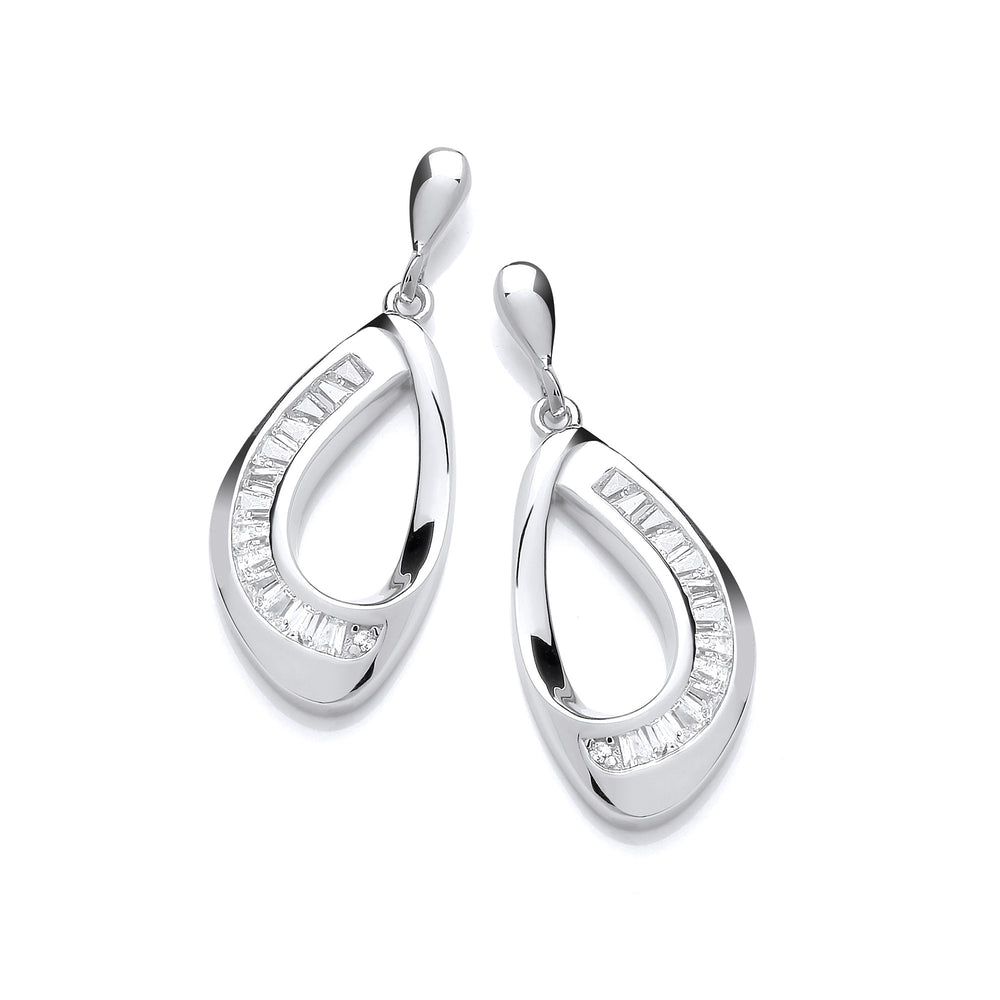 Silver Baguette Cubic Zirconias Open Teardrop Earrings