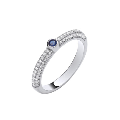 Silver Blue Sapphire Cubic Zirconia Rubover Half ET Ring