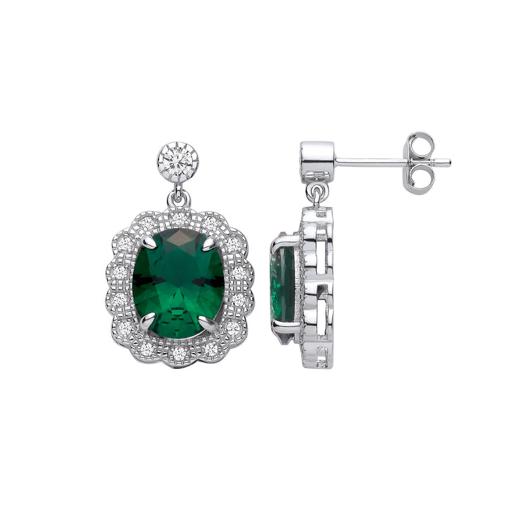 Silver Halo Drop Green Cubic Zirconia Earrings