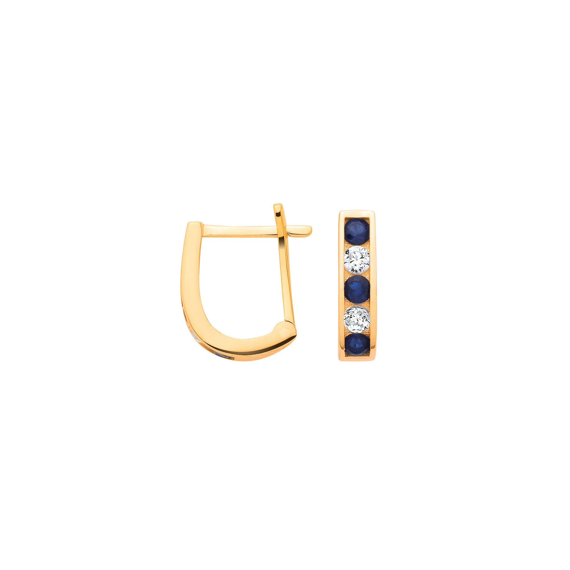 Yellow Gold Blue & Clear Cubic Zirconias Channel Set Huggies