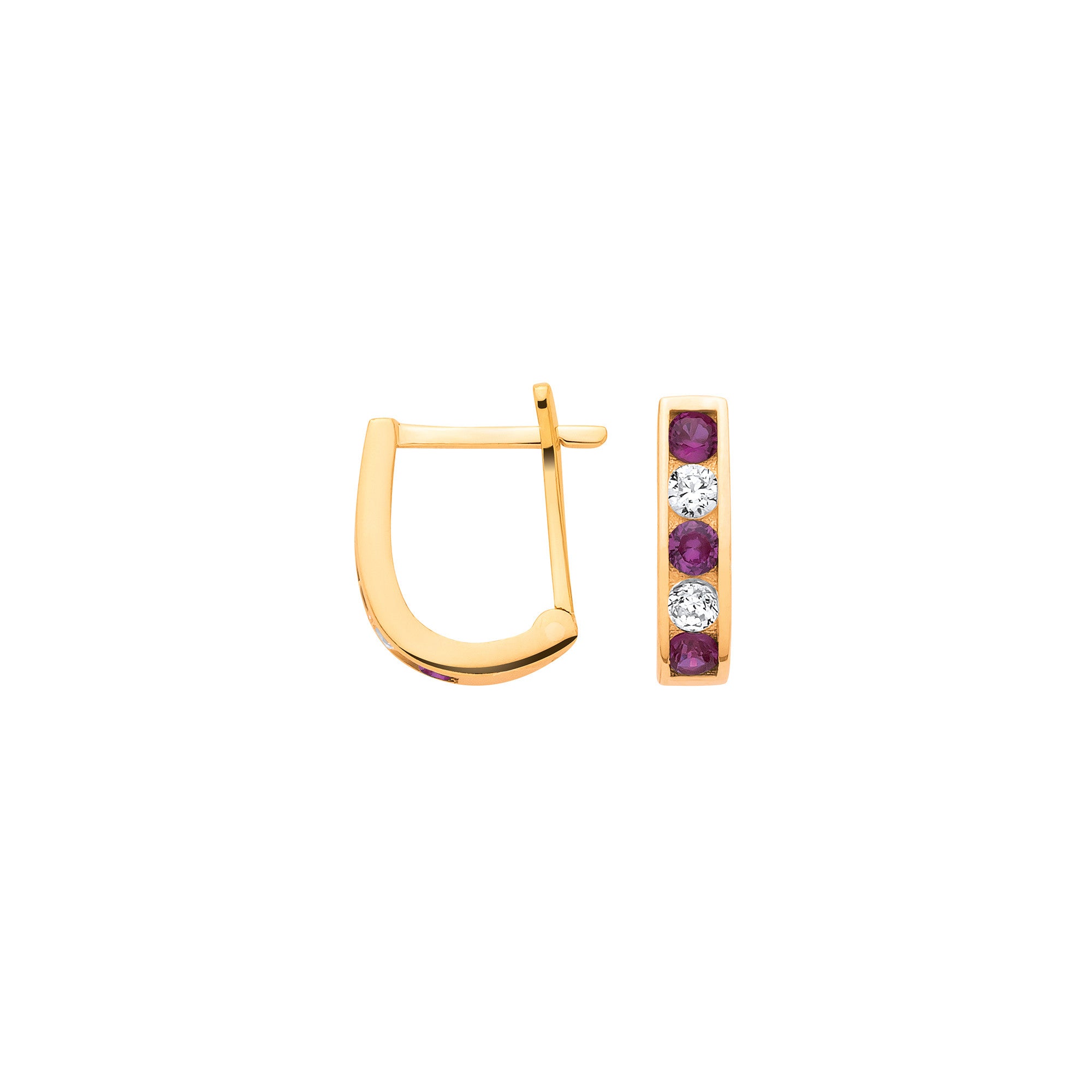 Yellow Gold Red & Clear Cubic Zirconias Channel Set Huggies