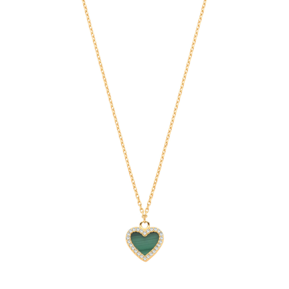 Yellow Gold Malachite & Cubic Zirconias Heart Pendant on 18" Chain