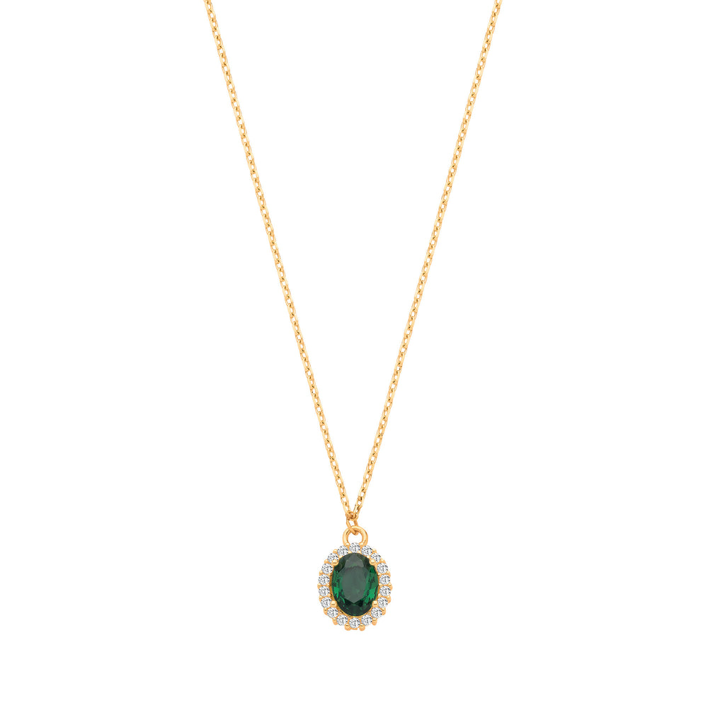 Yellow Gold Oval Green Cubic Zirconia Pendant on 18" Chain