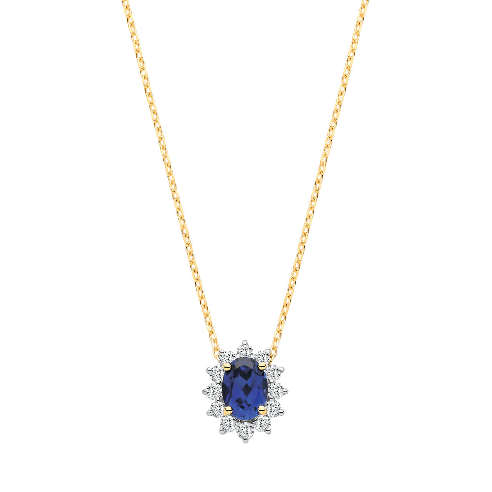 9ct Yellow Gold LAB GROWN 0.30ct Solitaire Diamond & 1.10ct Oval Sapphire Pendant With Chain IGI Certified