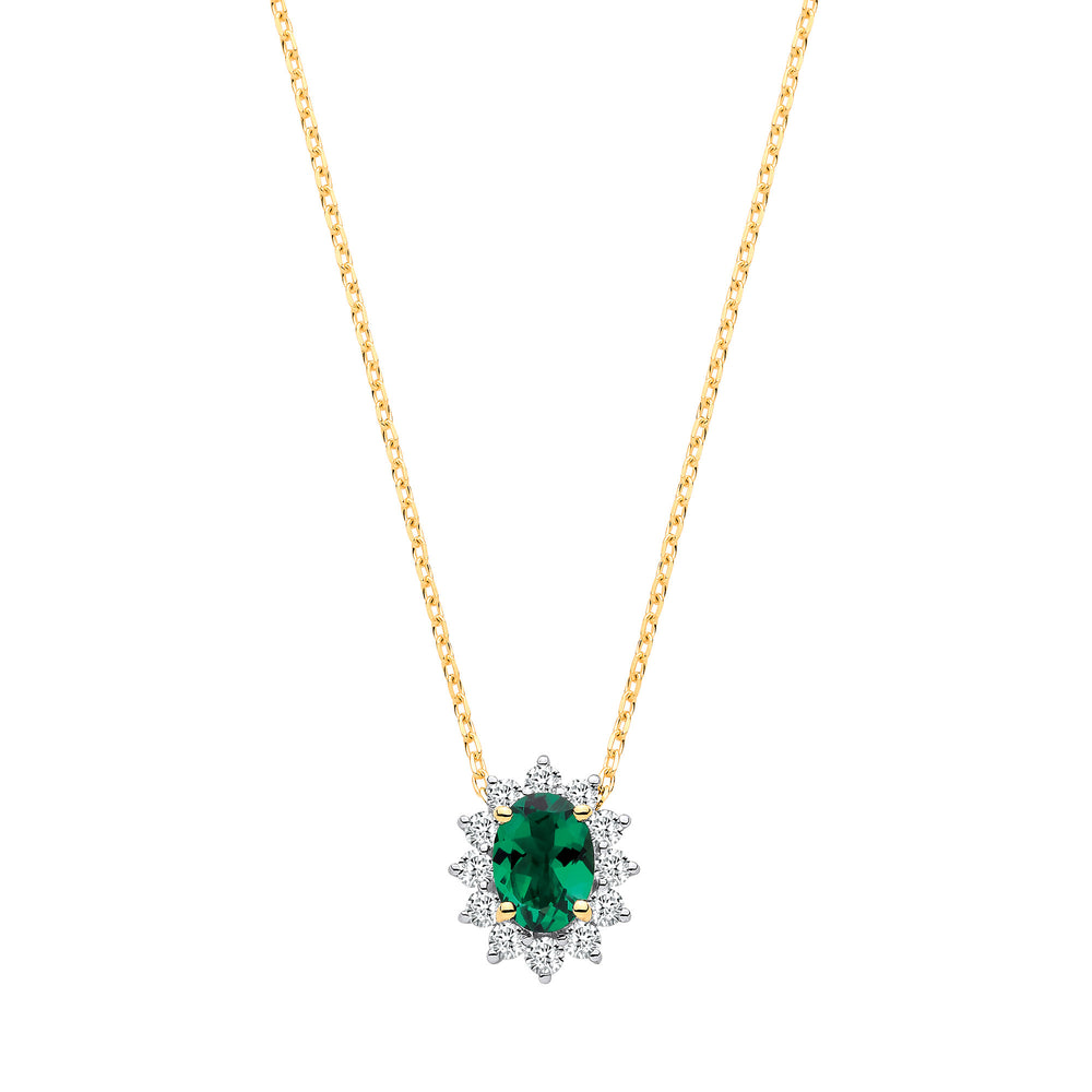 9ct Yellow Gold LAB GROWN 0.30ct Solitaire Diamond & 0.65ct Oval Emerald Pendant With Chain IGI Certified