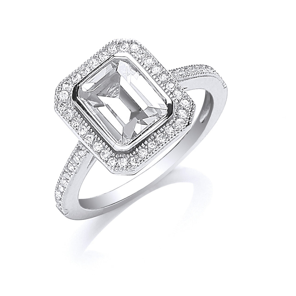 Silver Emerald Cut Cubic Zirconia Centre Ring