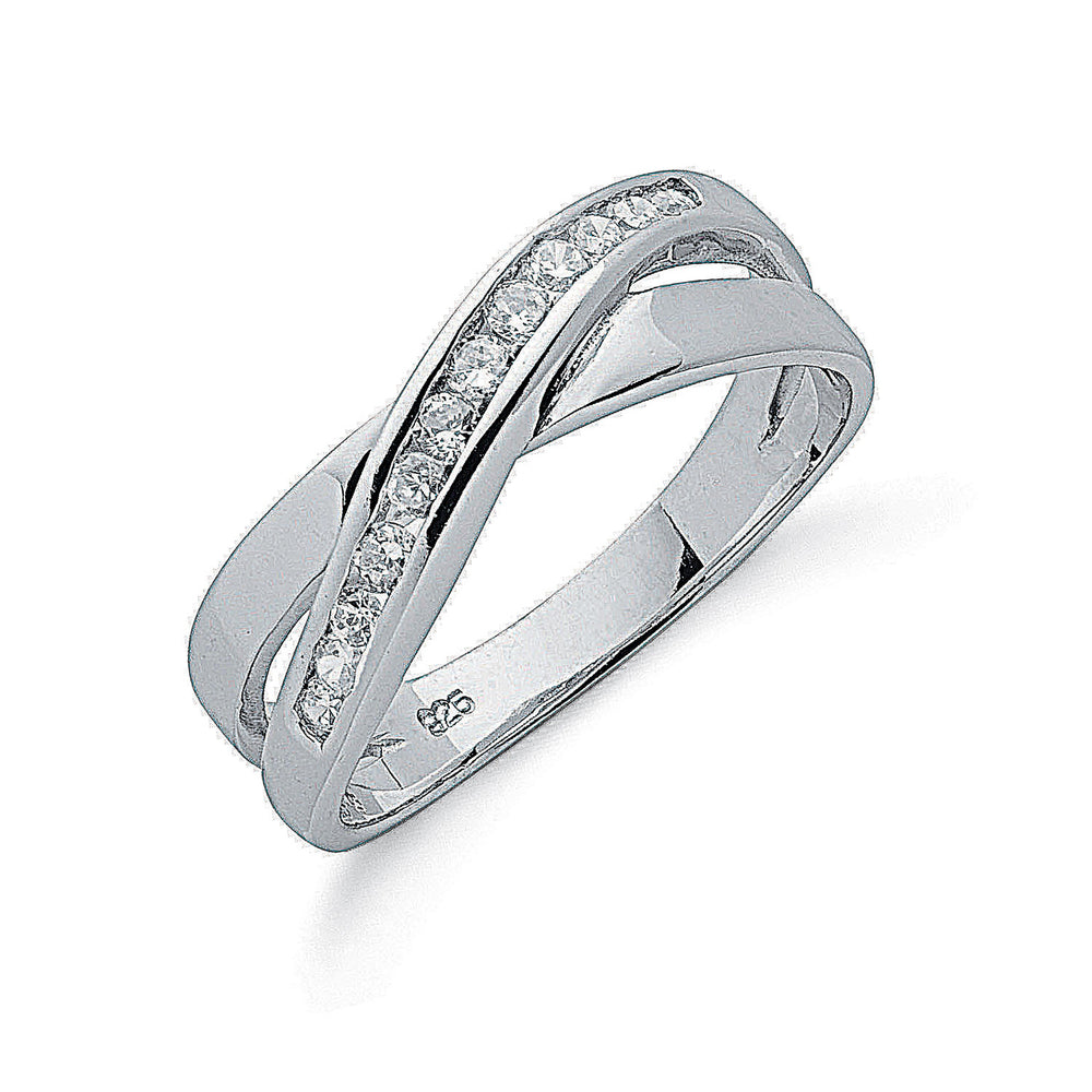 Silver Cross Over Cubic Zirconia Ring