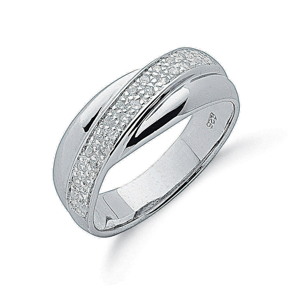 Silver Pave Set Cubic Zirconia Cross Over Ring