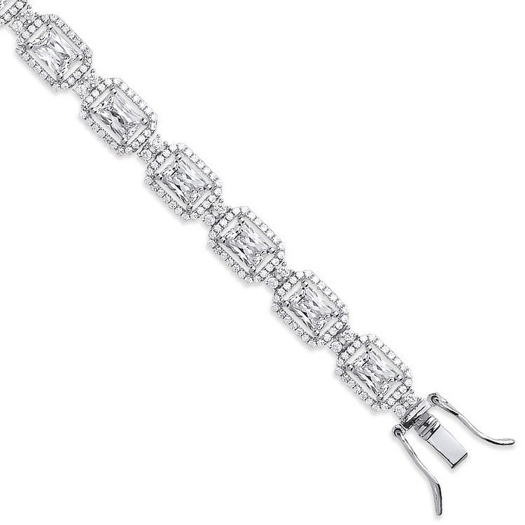 Silver Clear Cubic Zirconia Emerald Cut in a Halo Style Tennis Bracelet