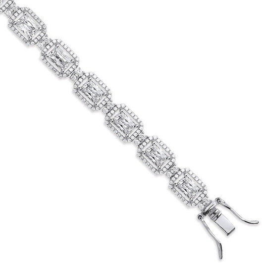 Silver Clear Cubic Zirconia Emerald Cut in a Halo Style Tennis Bracelet