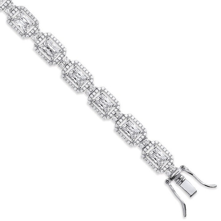 Silver Clear Cubic Zirconia Emerald Cut in a Halo Style Tennis Bracelet