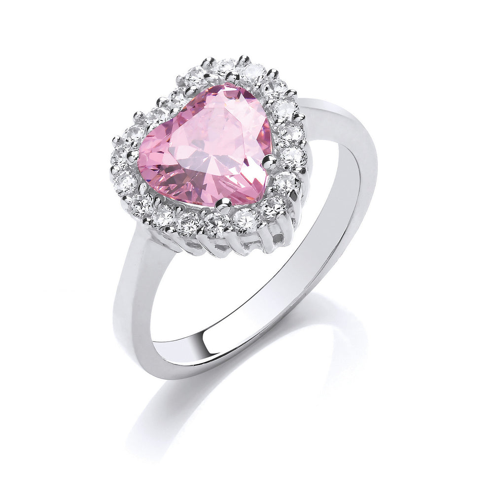 Silver Pink Cubic Zirconia Heart Cluster Ring
