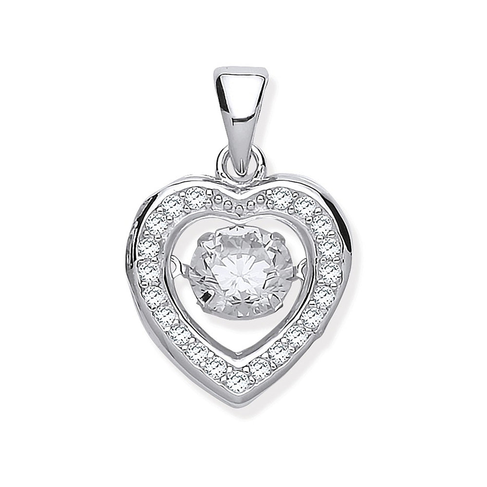 Silver Cubic Zirconia Heart Pendant with Hanging Shimering Cubic Zirconia